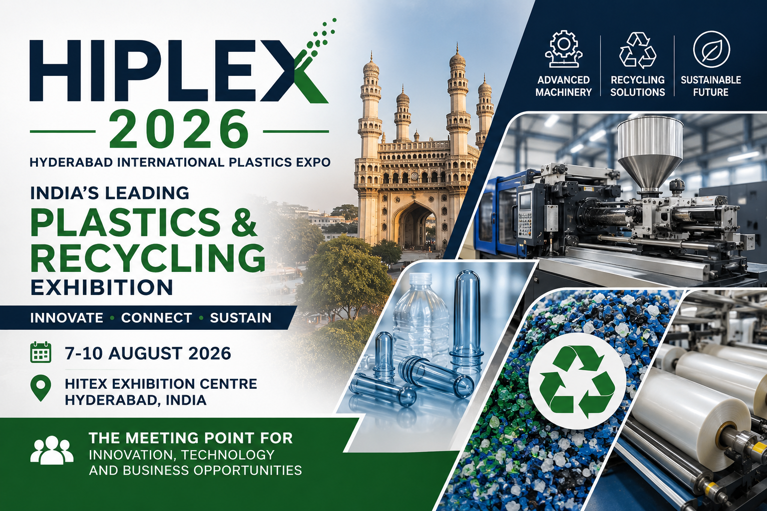 HIPLEX 2026 exhibition showcasing plastic recycling technology, polymer machinery and sustainable manufacturing solutions in Hyderabad