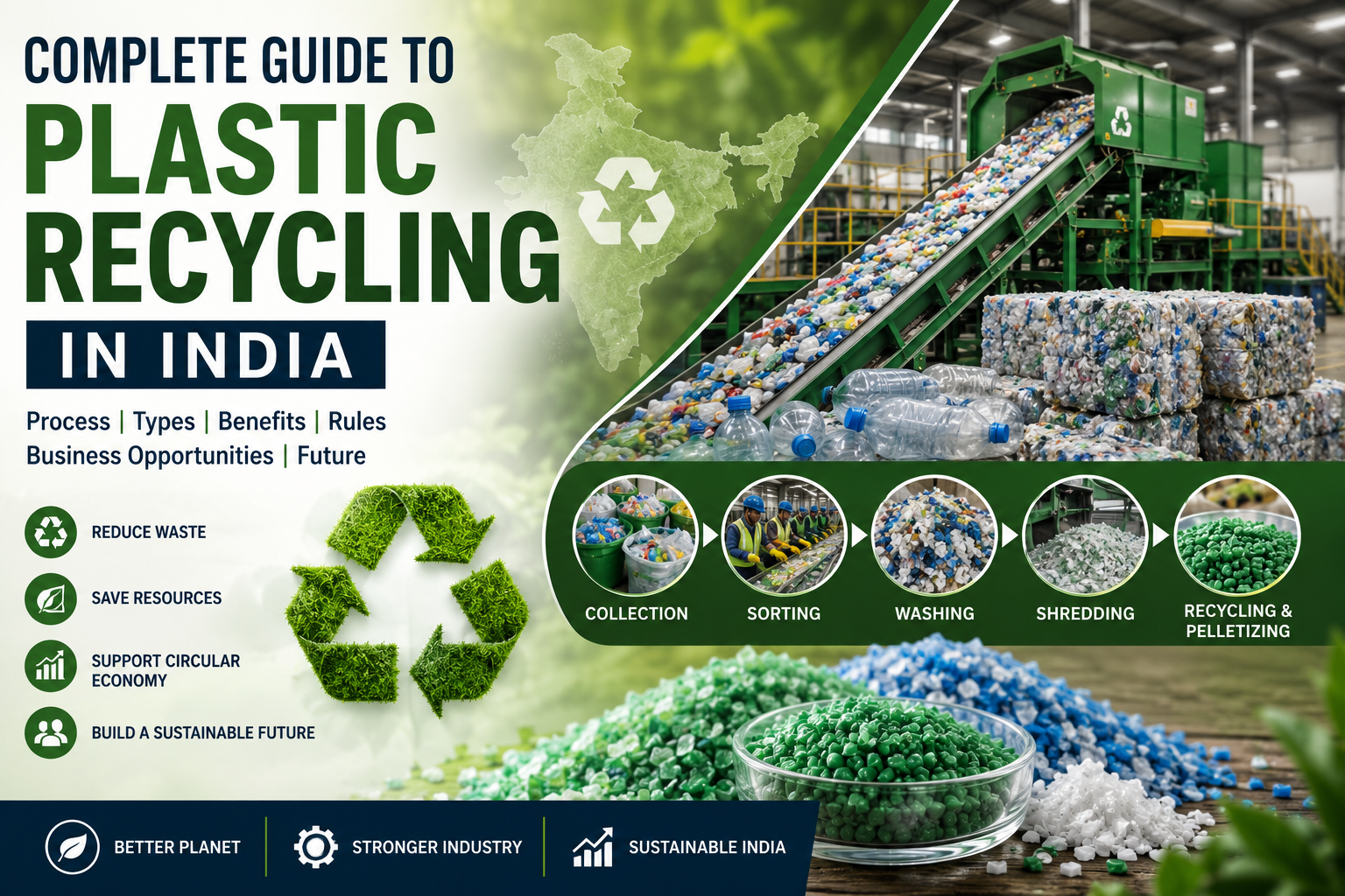 Illustration showing the plastic recycling process in India, including waste collection, sorting, recycling, and manufacturing of recycled plastic products.