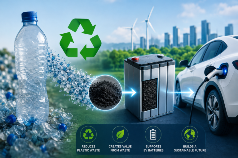Illustration showing a recycled PET plastic bottle being converted into battery-grade graphite for electric vehicle batteries through advanced plastic recycling technology.
